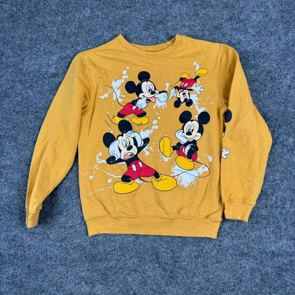 Disney Sweatshirt Mens Size S Yellow Mickey Mouse Graphic Print Crew Neck Fleece